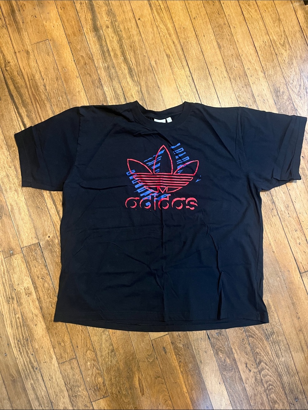 Adidas Black Tee with Red & Blue Trefoil Graphic